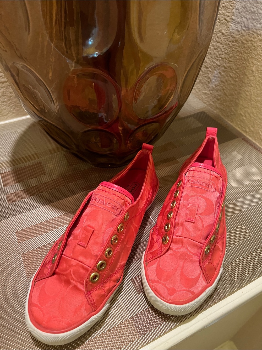 Coach Coral Pink Signature Canvas Slip-On Sneakers